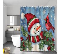 Rideau De Douche Bonhomme Neige Noël Houx, 120X180Cm, Imprimé Oiseau Cardinal, Rideau Douche Œillet avec Anneaux Imperméable Polyester Rideaux De Baignoire pour Salle De Bain, Rouge Bleu