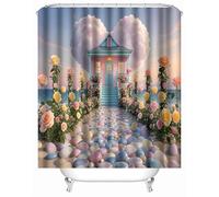 Rideau de Douche Bord De Mer Bâtiments Route des Fleurs Rêveuse 3D en Tissu Polyester Lavable avec 12 Crochets en Plastique, 220x200 cm, Rideau de Baignoire épais pour Salle de Bain, hôtel, dortoir