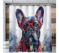 Rideau De Douche Bulldog Portant des Lunettes 180 * 180cm, Portrait Animalier À L'Aquarelle Rideaux De Baignoire Tissu Lavable Imperméable Polyester Rideaux Salle De Bain pour Salle De Bain, Rouge