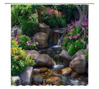 Rideau de Douche Cascade Nature, Feuilles Vertes, Fleurs Sauvages, ruisseau, forêt, pour Salle de Bain, décoration d'intérieur 90x150cm(35,43x59,06 Pouces)