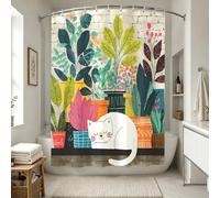 Rideau de Douche Chat de Dessin Animé 120 x 200 cm, Plantes en Pot Abstraite Et Coloré, Polyester Hydrofuge Rideau Douche Étroit, Lavable en Machine, Décoration Salle de Bain, avec Crochets 7ouc9