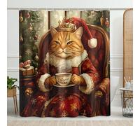 Rideau de Douche Chat de Noël, Rideau de Douche Félin Rouge Royal pour Décoration de Noël, Ensemble de Rideau de Douche en Tissu Moderne avec Crochets 72x78inch