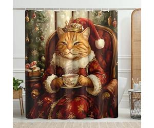 Rideau de Douche Chat de Noël, Rideau de Douche Félin Rouge Royal pour Décoration de Noël, Ensemble de Rideau de Douche en Tissu Moderne avec Crochets 72x78inch