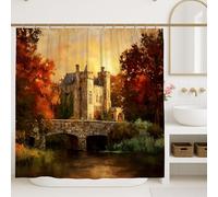 Rideau de douche château d'automne, orange chaud, rouge, marron, paysage de salle de bain, rideau de douche rustique en tissu imperméable avec crochets 183 x 243 cm