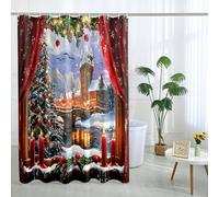Rideau De Douche Château De Noël, Rideau De Douche Rouge D'Hiver Décoration De Vacances, Ensemble De Rideau De Douche En Tissu Imperméable Avec Crochets 72x78 Pouces