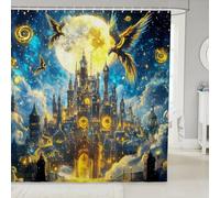 Rideau de douche château magique, jaune, lune, bleu, galaxie, ciel pour enfants, adolescents, adultes, mythes exotiques, oiseaux, animaux mystérieux, rideau de bain pour baignoire avec 12 crochets