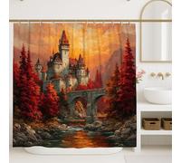 Rideau de douche château - Paysage d'automne rouge et orange - Décoration de salle de bain - Rideau de douche en tissu imperméable avec crochets - 183 x 183 cm