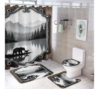 Rideau de douche classique à motif ourson et lac de montagne (4 pièces), 183 cm x 183 cm, tapis antidérapant pour couvercle de toilette et tapis en forme de U, ensemble de décoration de salle de bain