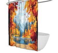 Rideau de Douche coloré de la vallée d’Automne Feuilles Tombantes Chemin de la Berge Silhouettes d’Arbres dans Les Montagnes brumeuses Rideau de Bain en Polyester étanche 200 x 200 cm