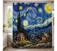 Rideau de douche Cyprès, Impressionnisme Artistique Étoiles Maisons Bleu nuit Polyester Imperméable Motif imprimé Rideaux de bain pour salle de bain, baignoire, appartement 137 x 198 cm
