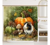 Rideau de douche d'automne, citrouille aquarelle forêt verte et marron, ensemble de salle de bain avec crochets pour l'automne et le cochon d'Inde mignon avec crochets 183 x 183 cm