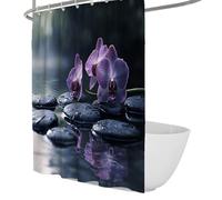 Rideau de Douche de Luxe, Fleurs d’orchidée Violettes sur Pierres Noires, Rideau de Douche en Tissu Polyester imperméable avec Crochets, décoration Moderne de Salle de Bain 180 x 180 cm