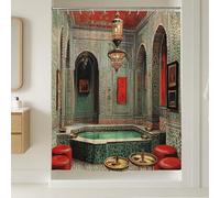 Rideau de douche de style marocain, bleu sarcelle et doré, décoration artistique de salle de bain, oasis exotique moderne, décoration d'intérieur pour le printemps et l'été, tissu de luxe avec
