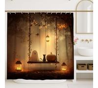 Rideau de douche d'Halloween, fantôme effrayant, chat, citrouille, lanterne de salle de bain, décoration de salle de bain, rideau de douche moderne rustique en tissu imperméable avec crochets 183 x