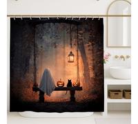 Rideau de douche d'Halloween fantôme et chat - Lanterne citrouille noire effrayante - Décoration de salle de bain - Rideau de douche moderne en tissu avec crochets - 183 x 213 cm