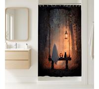 Rideau de douche d'Halloween fantôme et chat, lanterne citrouille noire effrayante, décoration de salle de bain, rideau de douche en tissu moderne festif d'automne avec crochets 91,4 x 183 cm