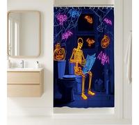 Rideau de douche d'Halloween, squelette néon citrouille, chauve-souris, décoration de salle de bain, rideau de douche moderne et amusant en tissu imperméable avec crochets 91,4 x 183 cm