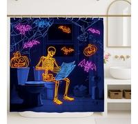 Rideau de douche d'Halloween, squelette néon citrouille, chauve-souris, décoration de salle de bain, rideau de douche moderne et amusant en tissu imperméable avec crochets 183 x 213 cm