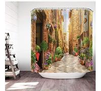 Rideau de Douche d'impression de Paysage de Rue de Ville Rurale européenne 3D pour Rideaux de Salle de Bain décor à la Maison en Polyester imperméable avec 12 Crochets 100x200cm(39X79inch)
