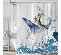 Rideau de douche Drôle de chat 120x180, Hnmdmyi Chat cool chevauchant une baleine avec Japon Kanagawa vagues sur Rustique rideau de baignoire en bois enfants ferme étanche tissu lavable rideau de bain