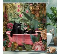 Rideau de douche drôle de chat noir, rideau de salle de bain vintage avec fleurs de pivoines roses vives, animal mignon dans la baignoire, feuilles de plantes tropicales de la jungle. Parfait pour la 