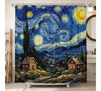 Rideau de douche en polyester imperméable motif cyprès, motif maisons d'étoiles, impressionnisme, bleu nuit, pour salle de bain, décoration de chambre d'amis, 183 x 213 cm
