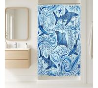 Rideau de douche en polyester imperméable motif étal de requin, raie océanique, étoile de mer, bleu d'été, motif imprimé, décoration pour salle de bain, dortoir, 91,4 x 183 cm