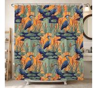Rideau de douche en polyester imperméable motif héron, motif nénuphar de lys - Bleu d'été - Décoration pour salle de bain ou dortoir - 183 x 183 cm