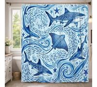 Rideau de douche en polyester imperméable, motif requin, raie océanique, étoile de mer, bleu été, 137 x 198 cm