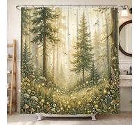 Rideau de douche en polyester imperméable pour salle de bain, baignoire, appartement, motif sapins, fleurs sauvages, champignons, vert d'été, 183 x 198 cm