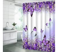 Rideau de douche en tissu avec crochets Motif fleurs et papillons Violet