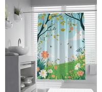 Rideau de douche en tissu coloré de dessin animé Printemps Fleurs d’abeille Rideau de bain en tissu imperméable pour chambre d’enfant Salle de bain Lavable en machine avec des crochets 180 x 200 cm