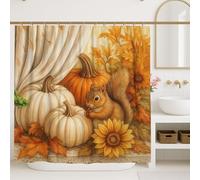 Rideau de douche en tissu imperméable avec crochets Motif écureuil d'automne, citrouille orange et tournesol