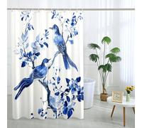 Rideau de douche en tissu imperméable avec crochets - Motif oiseau bleu aquarelle et fleurs - Pour décoration de salle de bain - Printemps été - Blanc - 183 x 198 cm