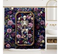 Rideau de douche en tissu imperméable avec crochets Motif squelette floral bleu foncé pour décoration de salle de bain Halloween Automne Style vintage 183 x 183 cm