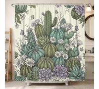Rideau de douche en tissu imperméable motif cactus et fleurs naturelles succulentes vert d'été pour maison, salle de bain, hôtel, 183 x 198 cm