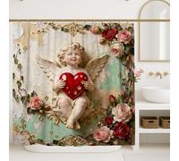 Rideau de douche en tissu imperméable pour salle de bain et chambre d'amis Motif anges et roses Rouge 183 x 198 cm