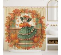 Rideau de douche en tissu résistant à l'eau avec crochets Motif souris d'automne Vert Orange Feuille de citrouille Décoration de salle de bain Style vintage 183 x 198 cm