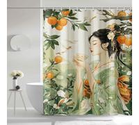 Rideau de Douche en tissuAUWUUA, Motif Fille Chinoise, 136 x 200 cm, oranger, Agrumes, Oriental, esthétique, été, Abstrait, pour Petite Cabine de Douche, avec Crochets, Polyester imperméable, Vert