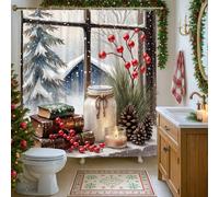 Rideau de douche en toile de pin, motif livres de bougies rustiques d'hiver, vert avec crochets, pour salle de bain, décoration de chambre d'amis 183 x 183 cm