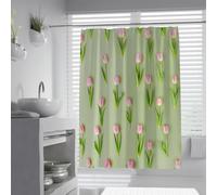 Rideau de Douche en Tulipe Rose avec Boutons Non Ouverts, Fond Vert Sauge Rideau de Douche décor Vertical Floral de Luxe de Salle de Bain imperméable 180 x 220 cm