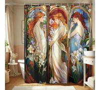 Rideau de douche en vitrail, motif floral coloré, rouge, vert, blanc, pour décoration de salle de bain, rideau de douche Art nouveau en tissu imperméable avec crochets 157 x 183 cm
