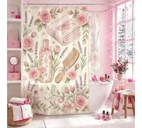 Rideau de douche extra large en tissu imperméable imprimé rose lavande bouteille de shampooing printemps pêche pour maison, salle de bain, décoration d'hôtel 274 x 183 cm