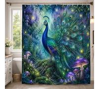 Rideau de douche extra long en polyester imperméable motif champignons et fleurs de paon - Bleu - Décoration pour salle de bain, dortoir - 183 x 243 cm