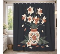 Rideau de douche extra long en polyester imperméable motif jonquille avec vase floral vintage fougère printemps bleu foncé pour décoration de salle de bain dortoir 183 x 243 cm