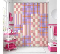 Rideau de douche extra long en polyester imperméable motif rayures géométriques carrés d'été pêche pour dortoir universitaire décoration de salle de bain 183 x 243 cm