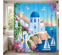 Rideau de douche extra long en polyester imperméable pour décoration de salle de bain, dortoir, motif église, voilier côtier méditerranéen, mouette, bleu d'été, 183 x 243 cm
