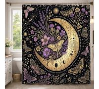 Rideau de douche extra long en tissu imperméable avec motif lune, papillon bohème mystique, fleur, automne, doré, pour salle de bain, baignoire, appartement, 183 x 243 cm