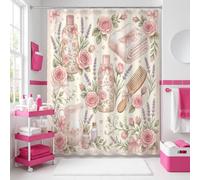 Rideau de douche extra long, style vintage, romantique, lavande, bouteille de shampooing printanière, pêche, lavable avec crochets pour salle de bain, salle de bain, décoration d'hôtel, 183 x 243 cm