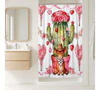 Rideau de douche fantaisie rustique avec crochets - Motif cactus - Motif vache et roses - Lavable - Décoration pour salle de bain ou dortoir - 91 x 183 cm